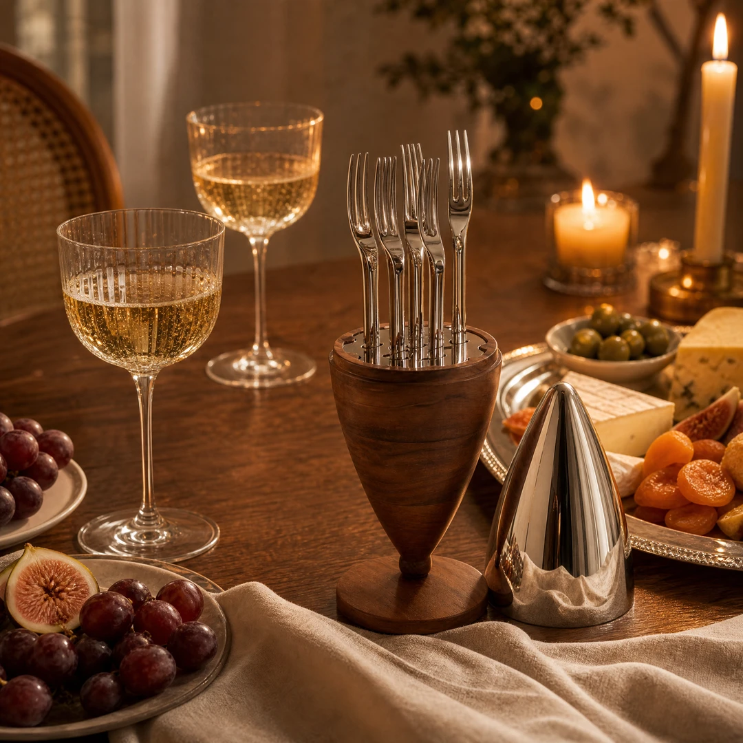 Stainless Fruit Forks with Walnut Stand - Evening Entertaining