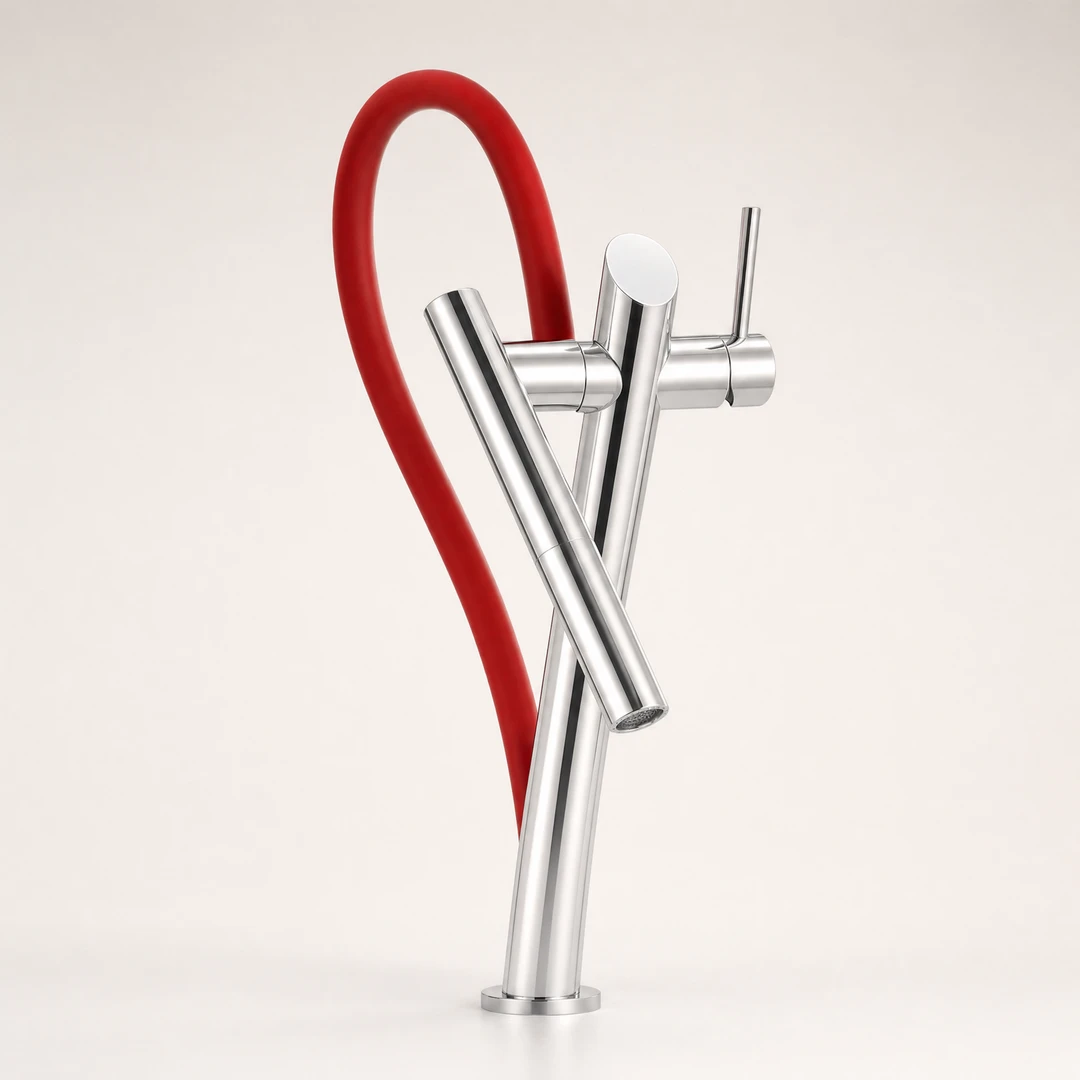 Brass Pull-Out Kitchen Faucet - Chrome with Red Hose Studio Shot
