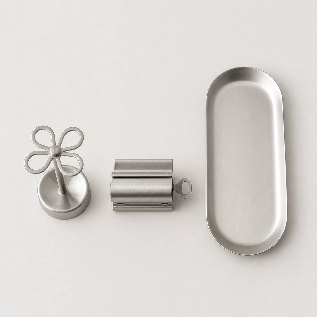 Stainless Steel Toothbrush Holder Set - Components Flat Lay