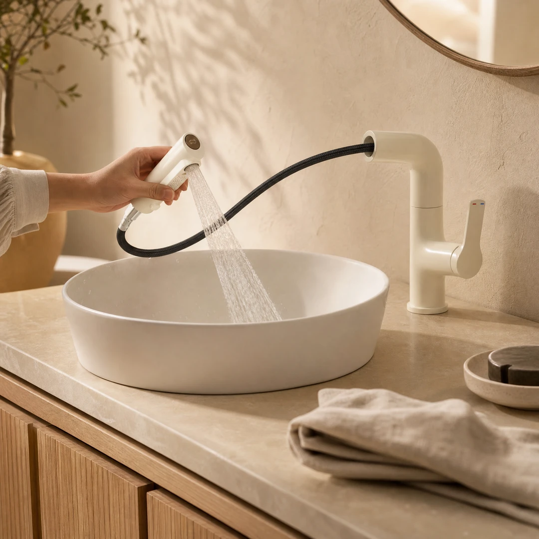 Pull-Out Rotating Basin Faucet - Pull-out sprayer rinsing basin