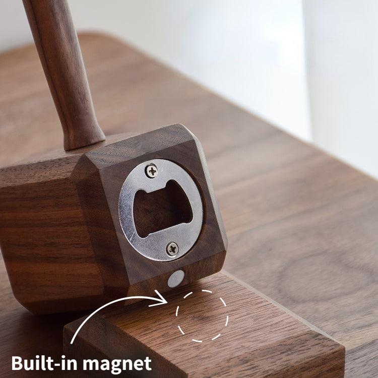 Close-up of wooden hammer head underside showing stainless steel bottle-opener blade