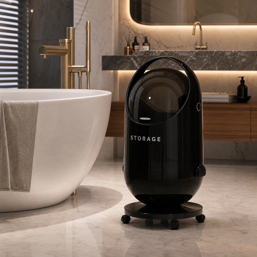 Round Wheeled Trash Can - Bathroom Scene