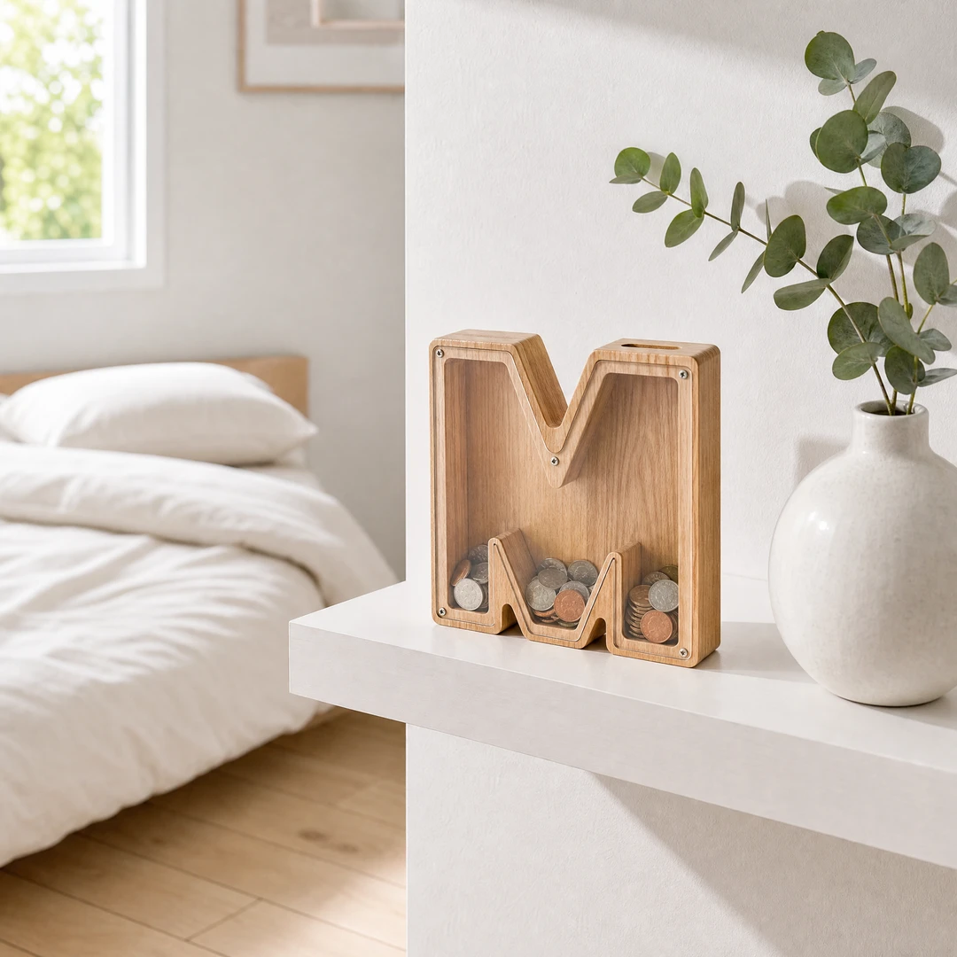 Wooden Letter Shaped Piggy Bank - Bedroom Scene