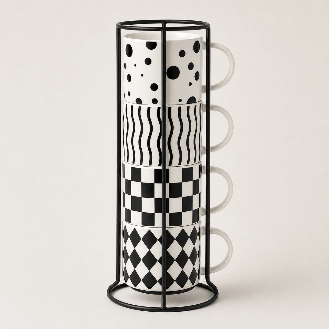 Black and White Ceramic Mug Set - Front View