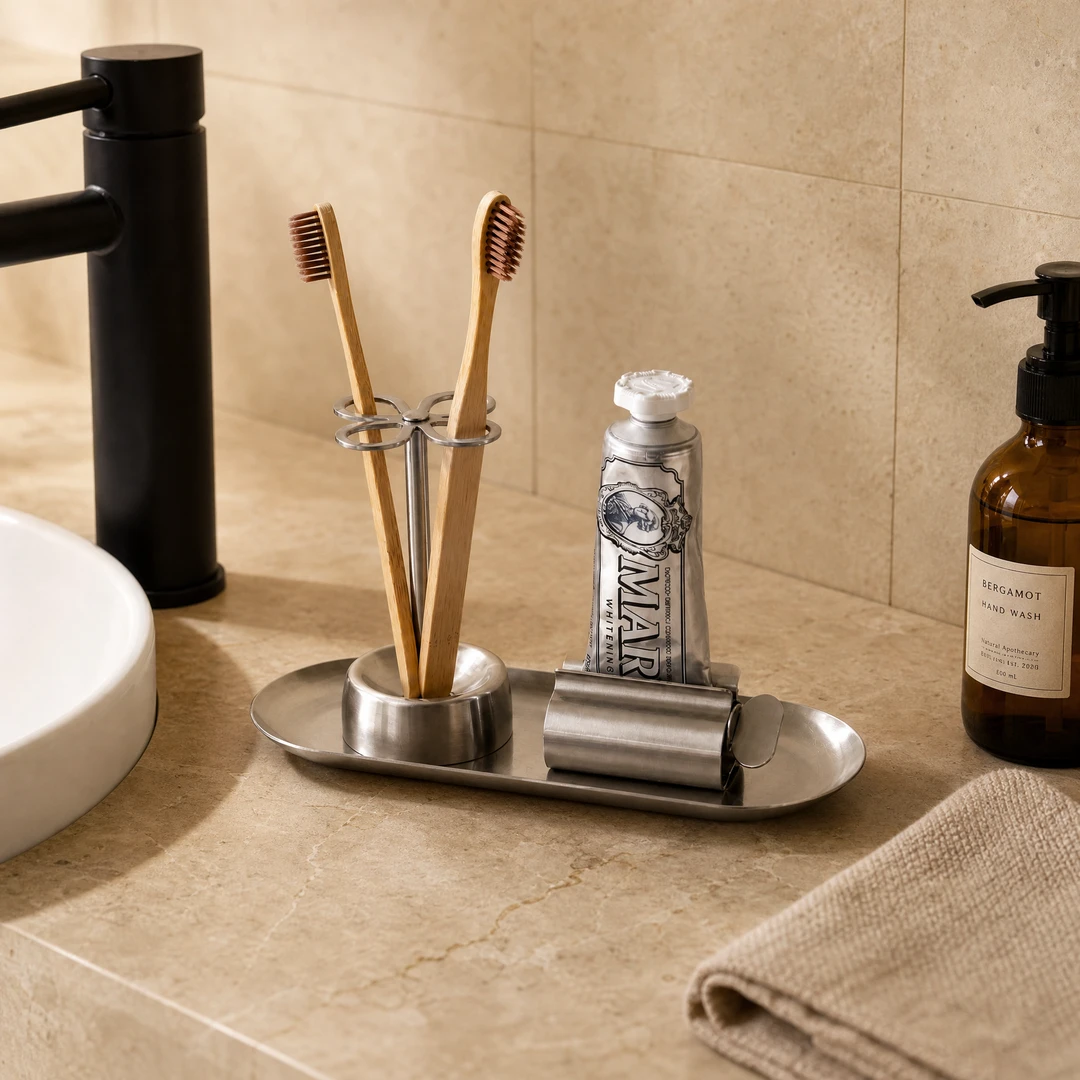 Stainless Steel Toothbrush Holder Set - Marble Counter Scene