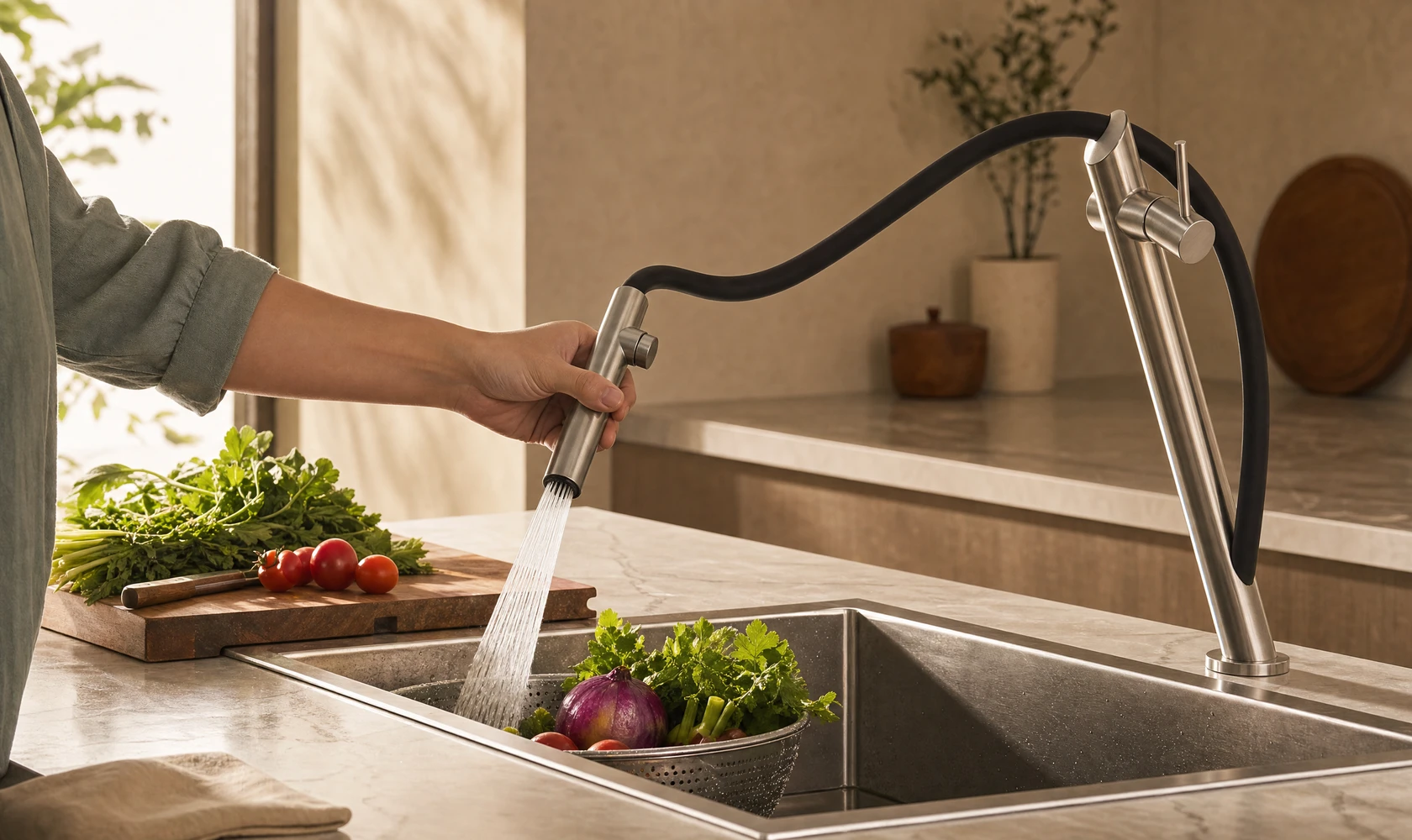 Flexible pull-out sprayer with generous reach for 