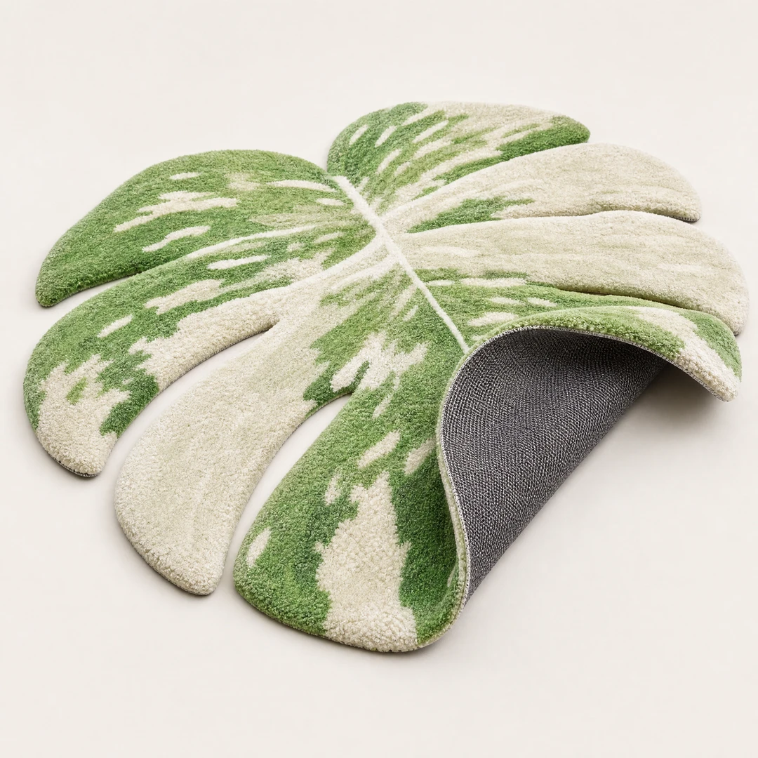 Hand-Tufted Monstera Leaf Rug - Folded View Showing Backing