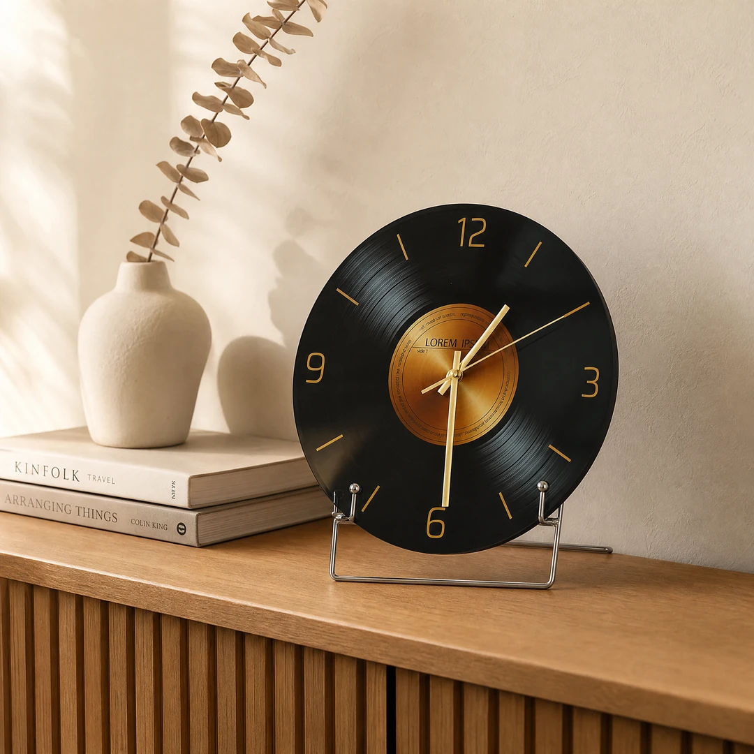 Vinyl record clock on fluted oak credenza with ceramic vase and design books, warm natural light