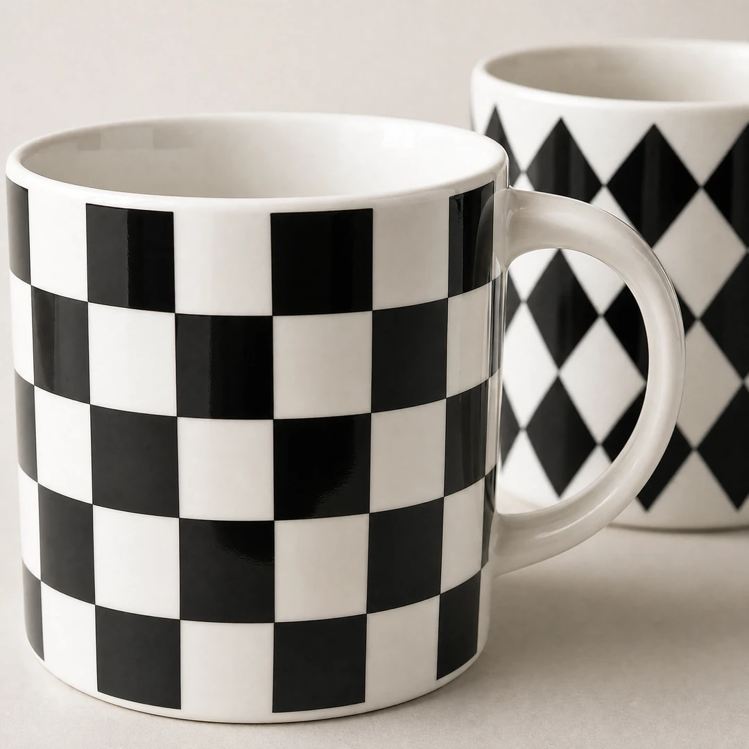 Black and White Ceramic Mug Set - Texture Close-up