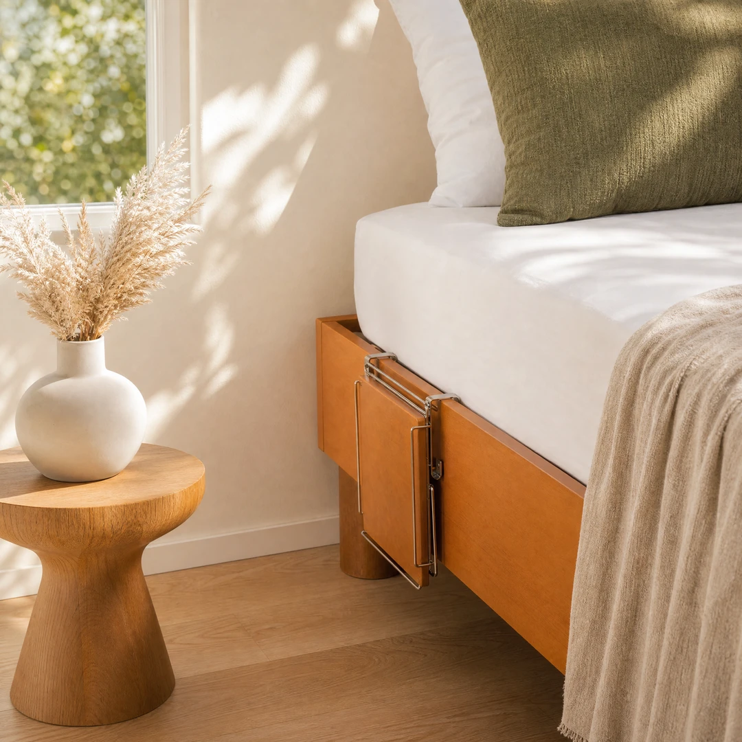 Honey Beech Folding Bedside Shelf - Folded compact storage view