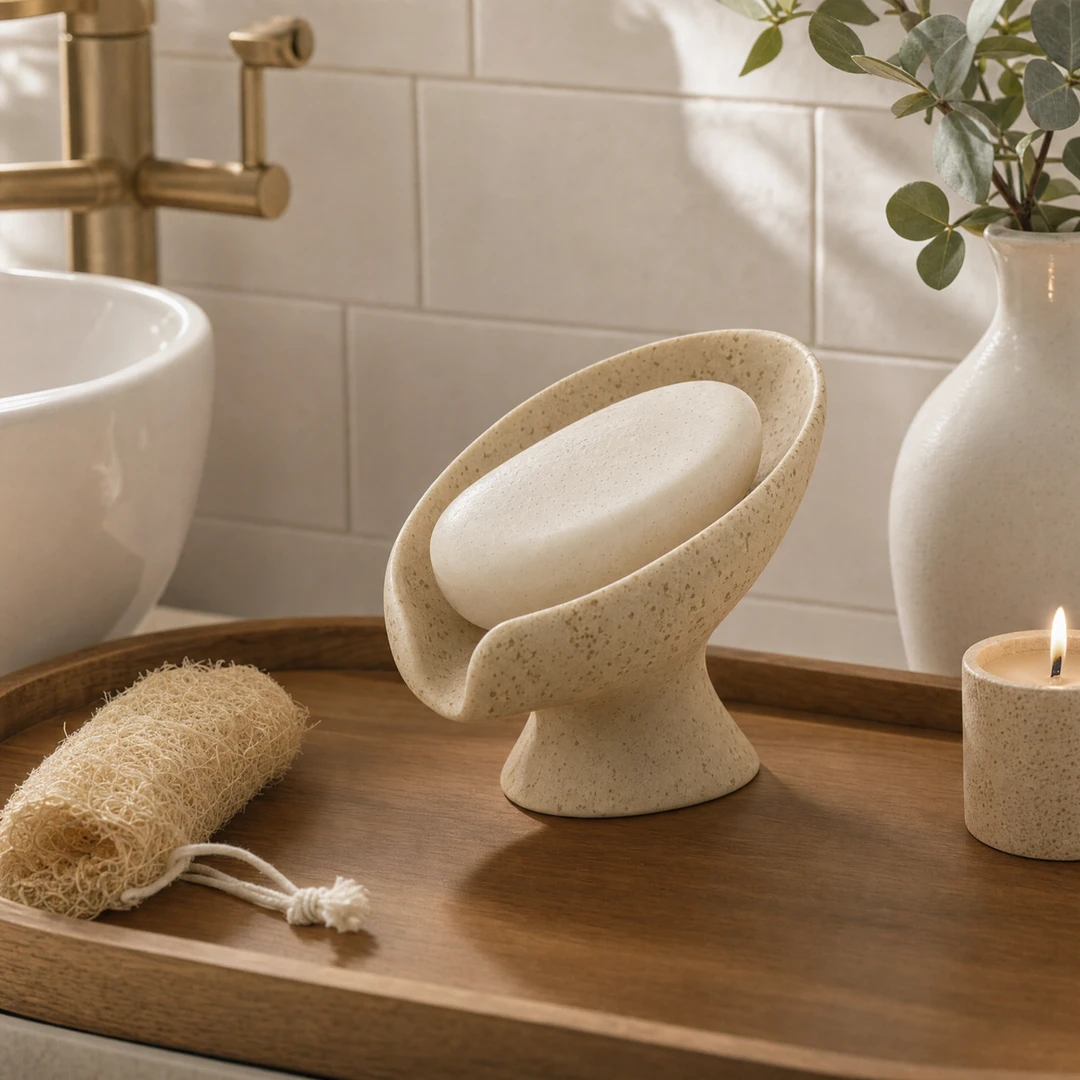 Travertine Lotus Soap Dish - Spa bathroom scene