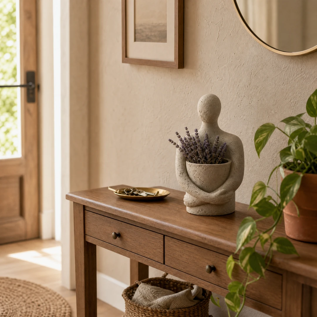 Wabi-Sabi Figure Planter on entryway console with lavender - lifestyle scene