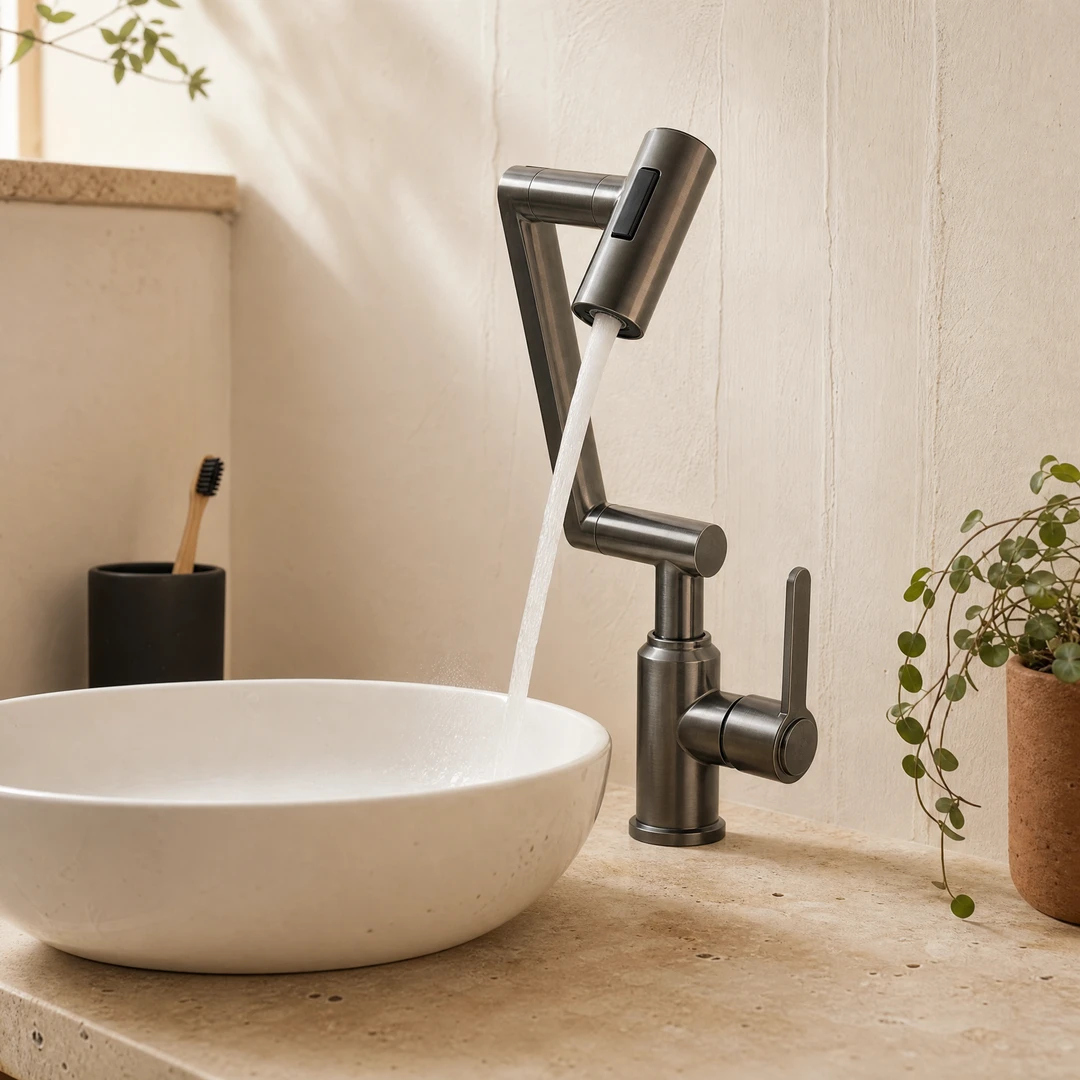 All-Copper Rotatable Basin Faucet - Water Flow Scene