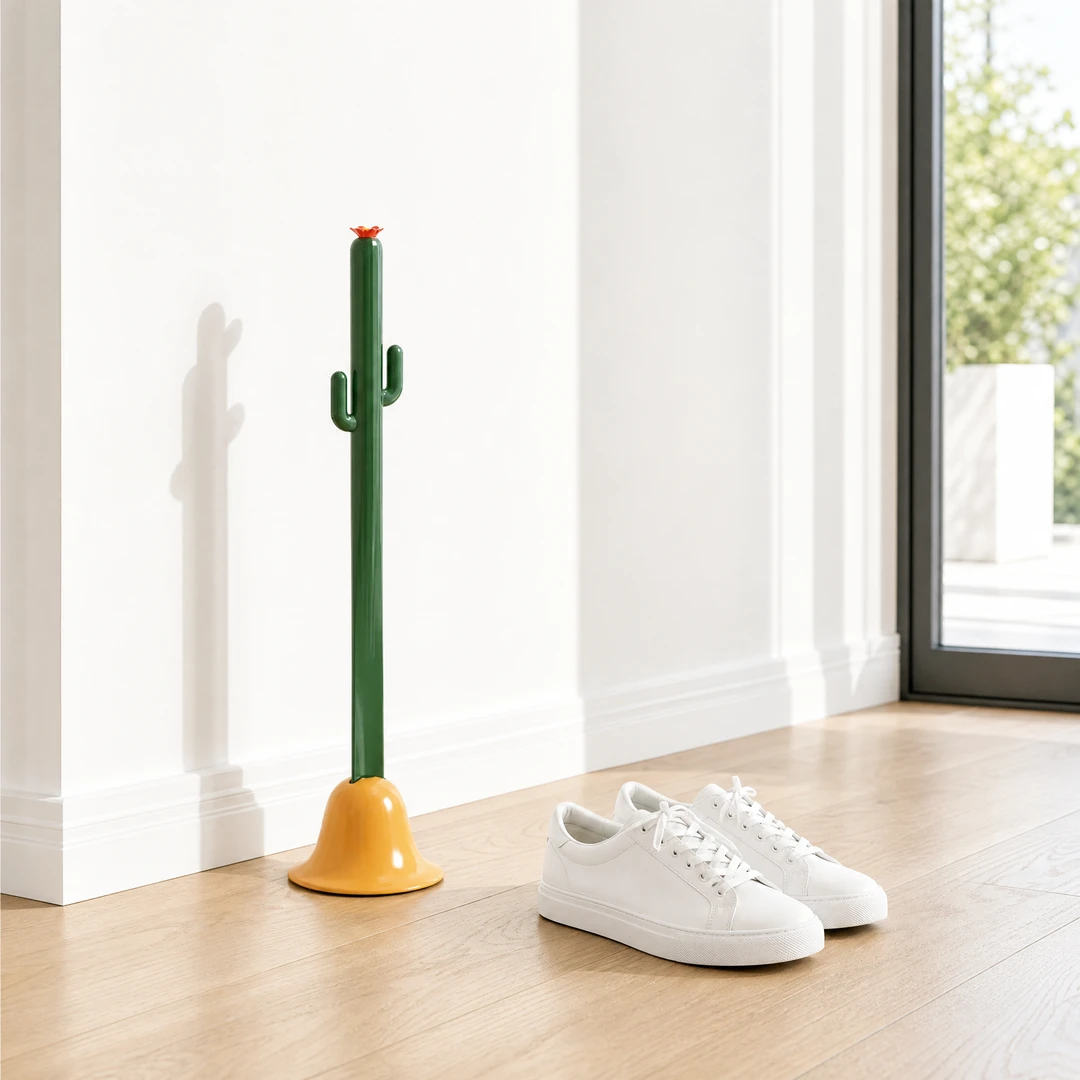 Cactus Shoe Horn in bright minimalist entryway with white sneakers