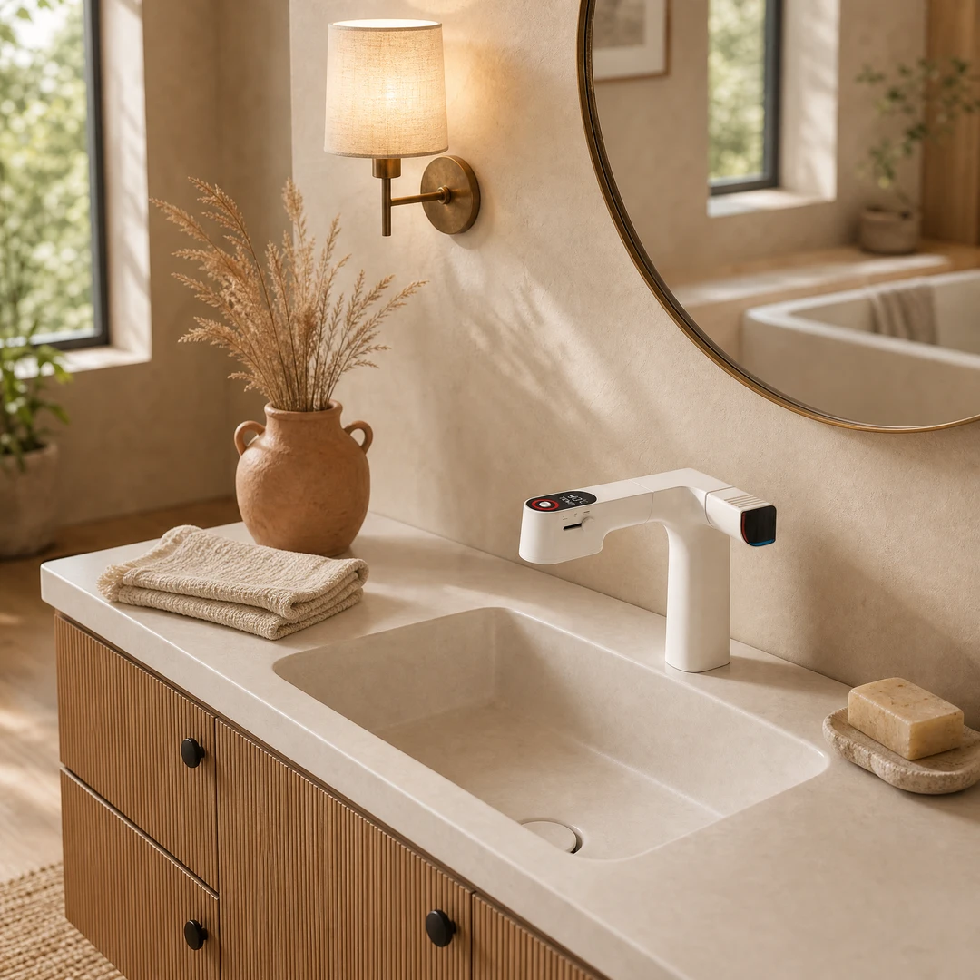 Cream White Chlorine-Filter Basin Faucet full bathroom vanity scene
