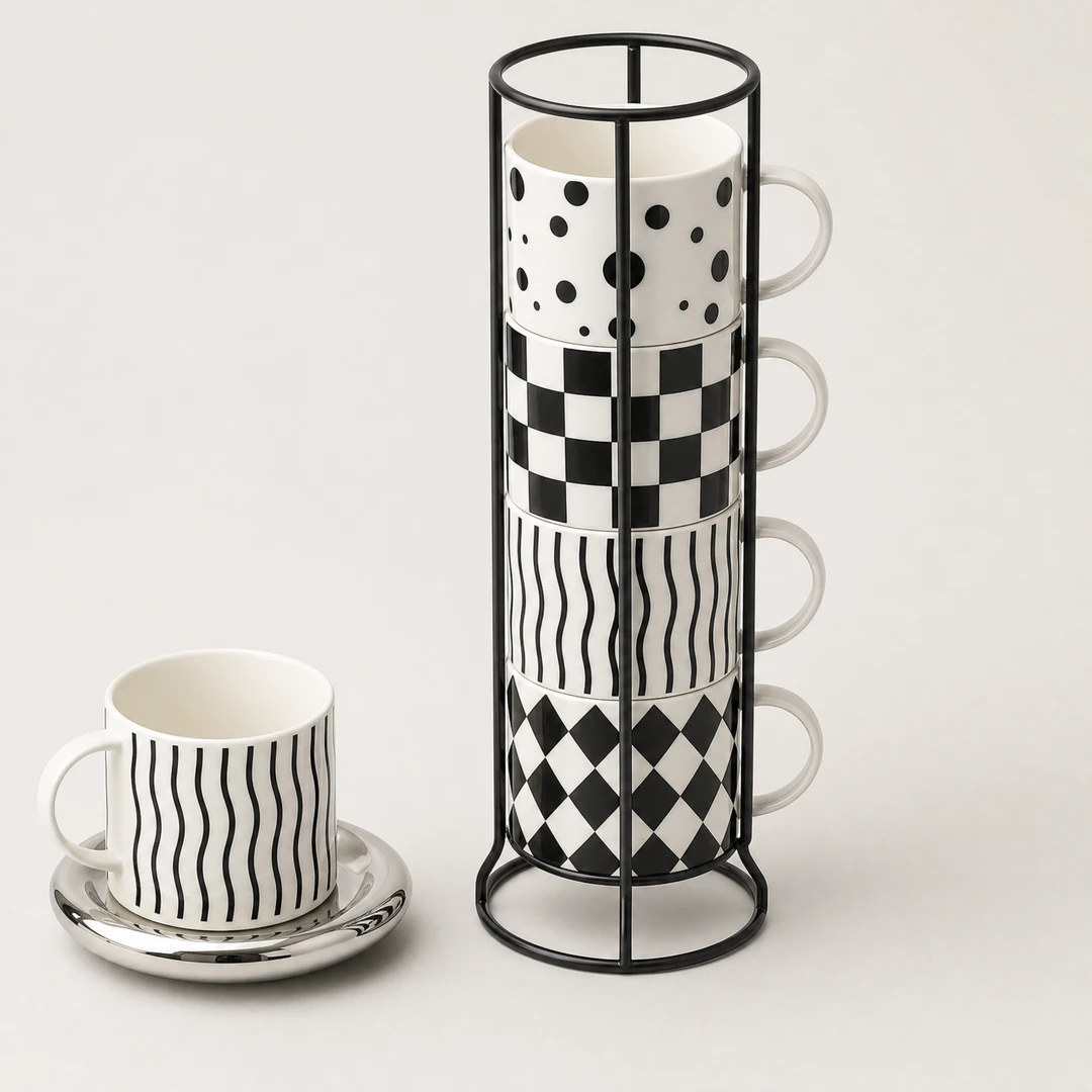 Black and White Ceramic Mug Set - Angle View with Saucer