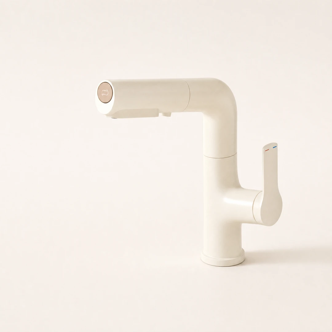 Pull-Out Rotating Basin Faucet - Cream White studio shot