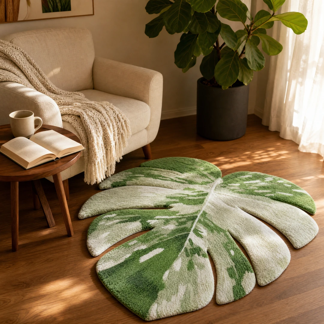 Hand-Tufted Monstera Leaf Rug - Reading Nook Scene