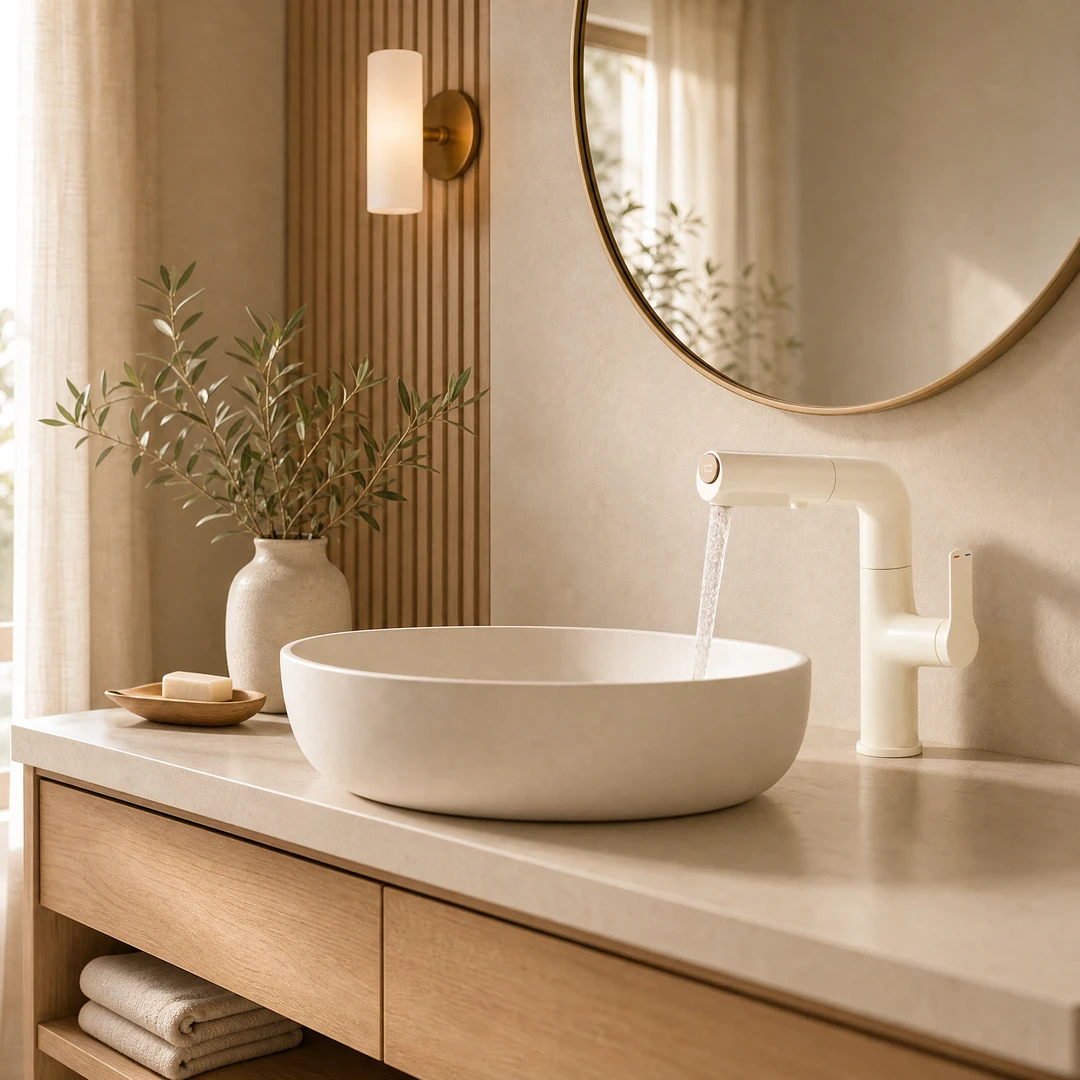 Pull-Out Rotating Basin Faucet - Full bathroom vanity scene