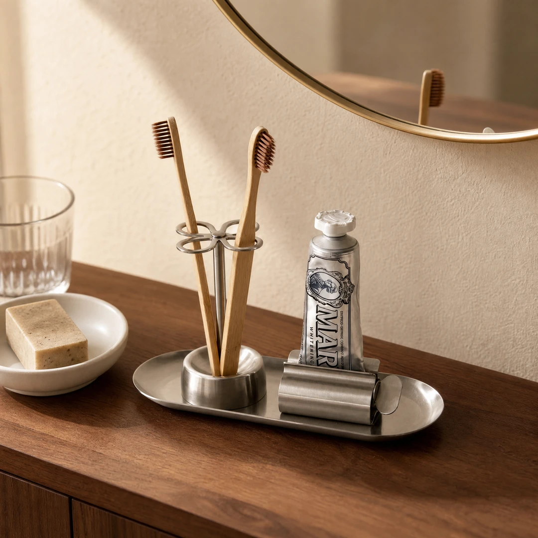 Stainless Steel Toothbrush Holder Set - Walnut Vanity Scene