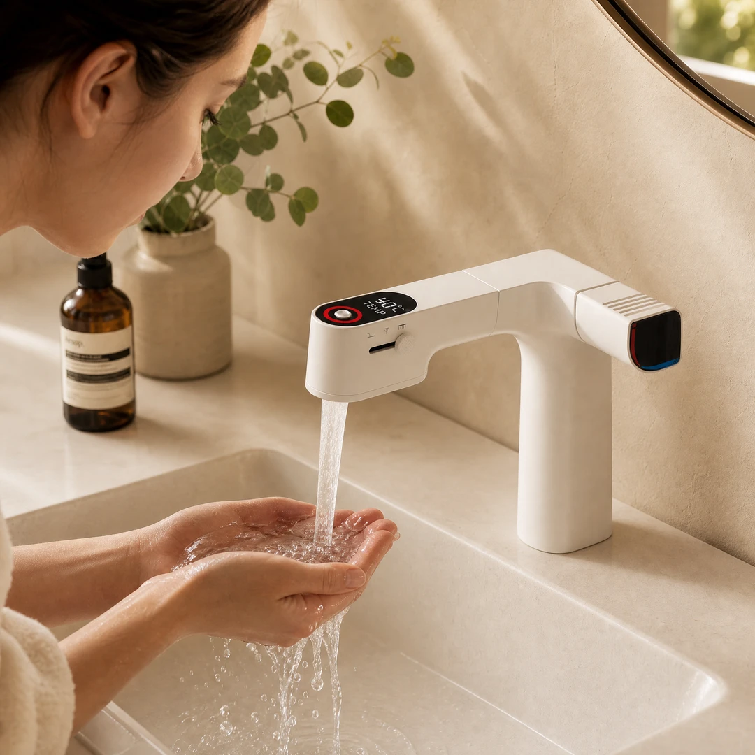 Cream White Chlorine-Filter Basin Faucet morning skincare ritual