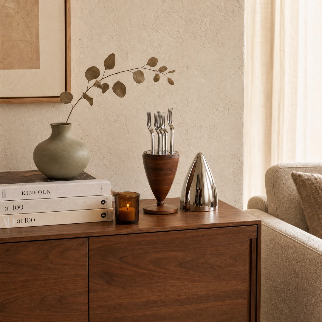 Stainless Fruit Forks with Walnut Stand - Living Room Credenza