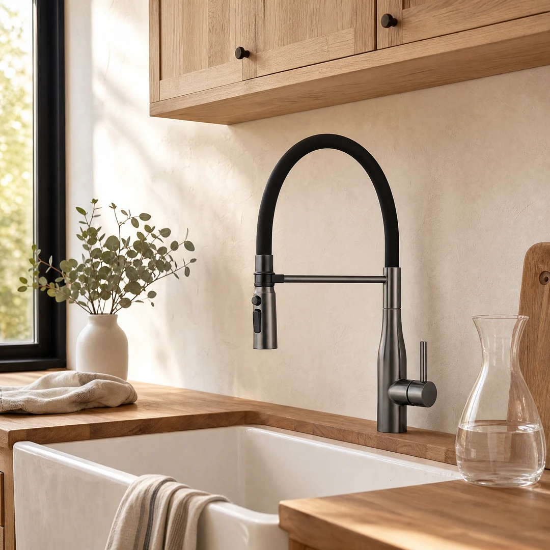 Magnetic Italian Kitchen Faucet — Warm Kitchen Hero Scene