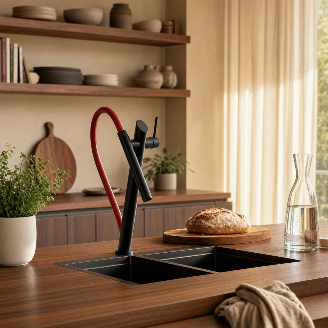 Brass Pull-Out Kitchen Faucet - Matte Black with Red Hose in Walnut Kitchen