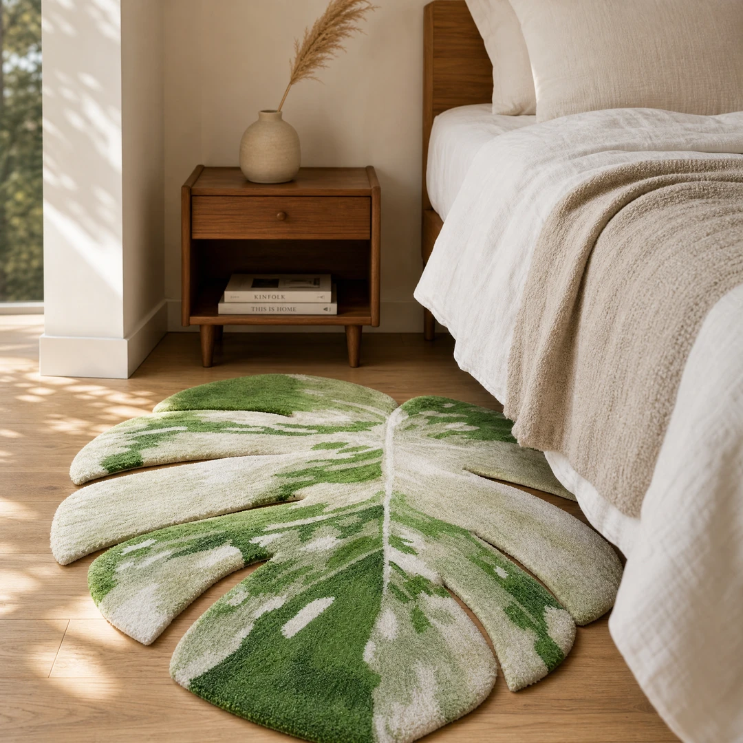 Hand-Tufted Monstera Leaf Rug - Bedroom Scene