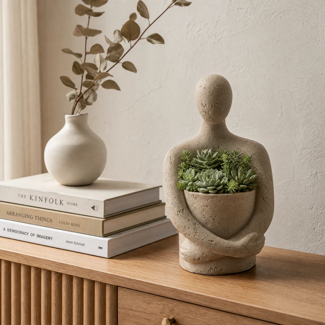 Wabi-Sabi Figure Planter on oak credenza with books and ceramic vase - lifestyle scene
