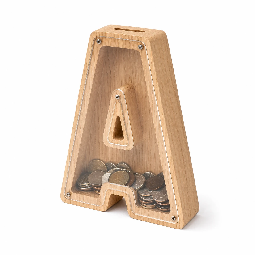 Wooden Letter Shaped Piggy Bank - Angle View