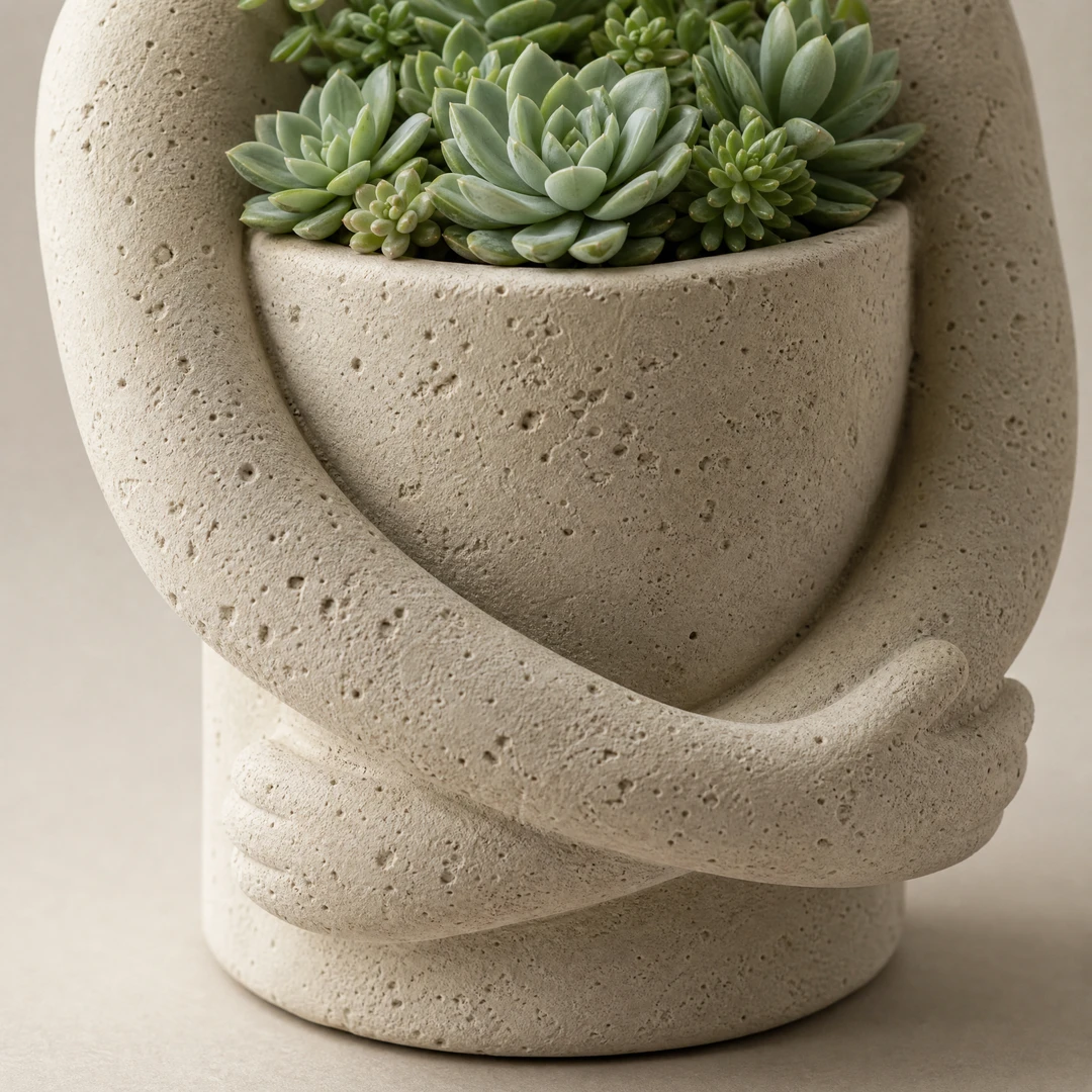Wabi-Sabi Figure Planter close-up texture detail with succulents