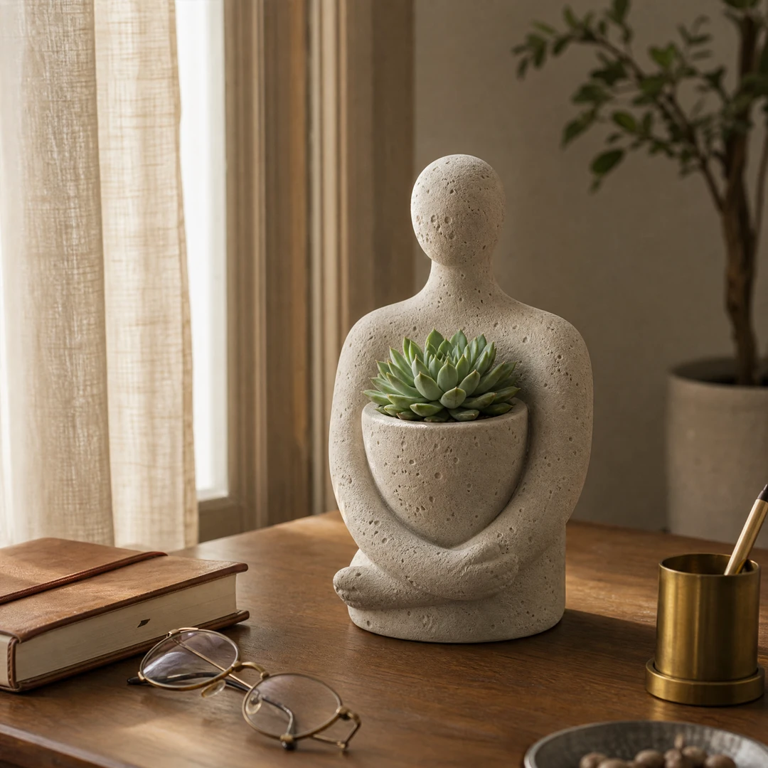Wabi-Sabi Figure Planter on walnut desk in home office - lifestyle scene