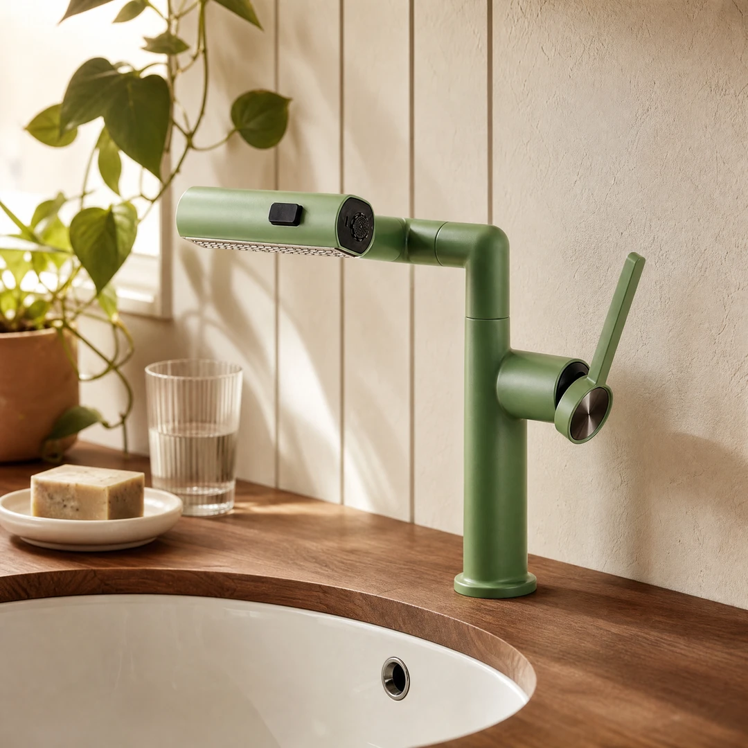 Zemor 1080° Swivel Brass Basin Faucet - Walnut vanity bathroom scene