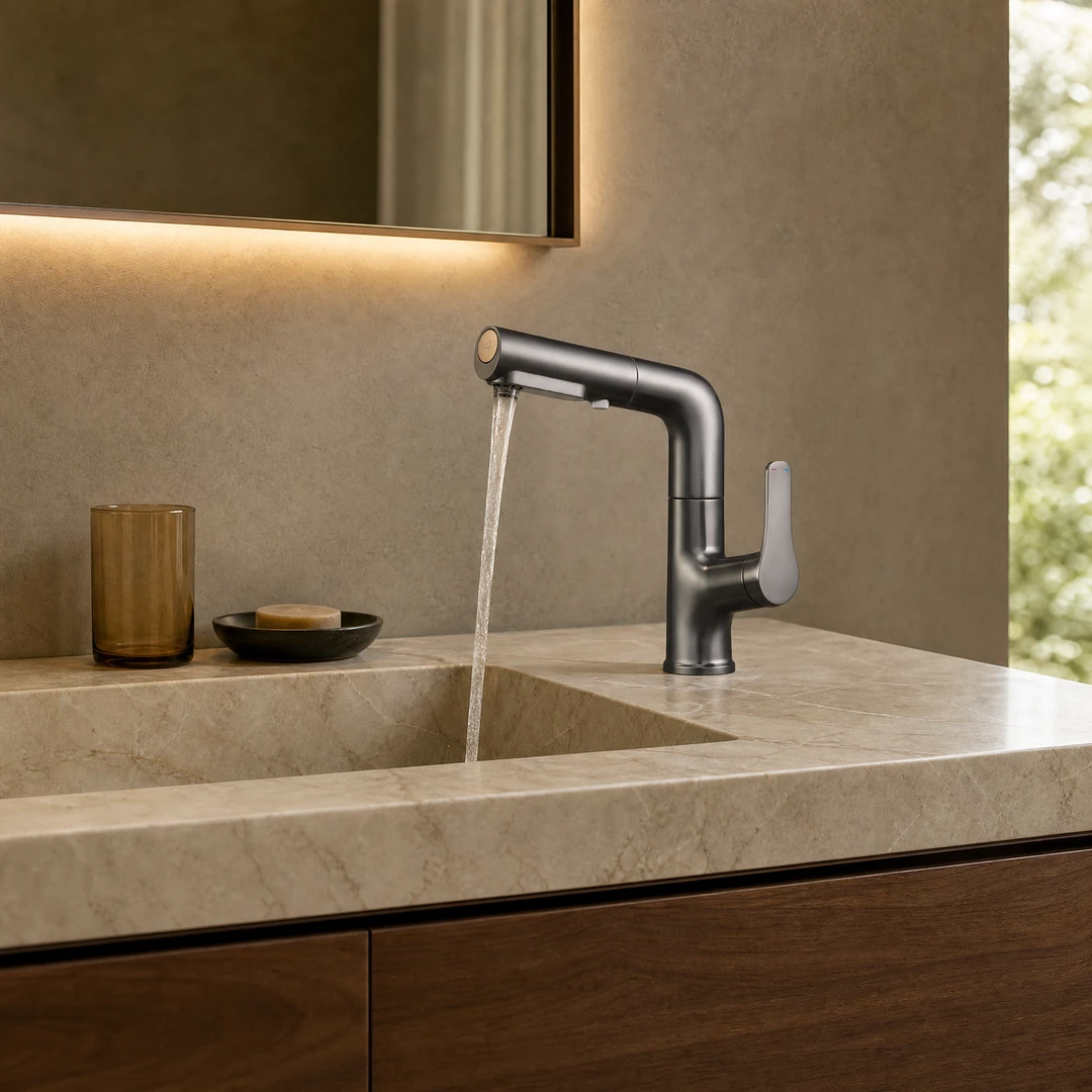 Pull-Out Rotating Basin Faucet - Gunmetal Grey in walnut bathroom