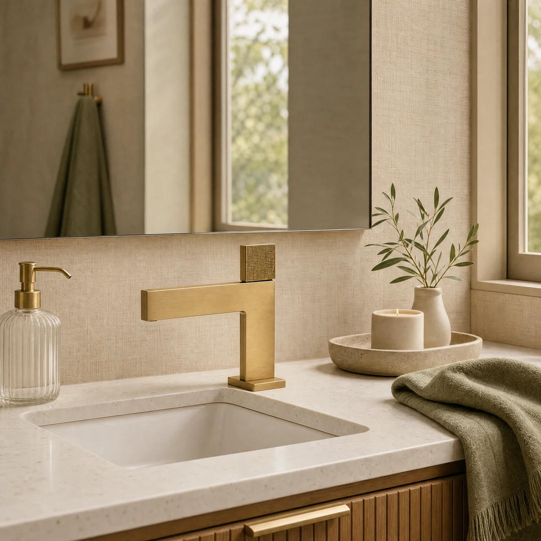 Brushed Gold Basin Faucet - Full Bathroom Scene