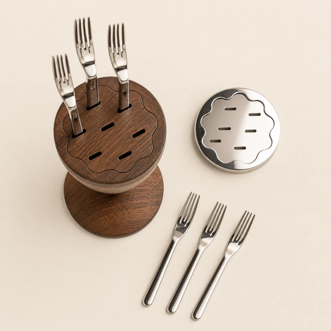 Stainless Fruit Forks with Walnut Stand - Top View