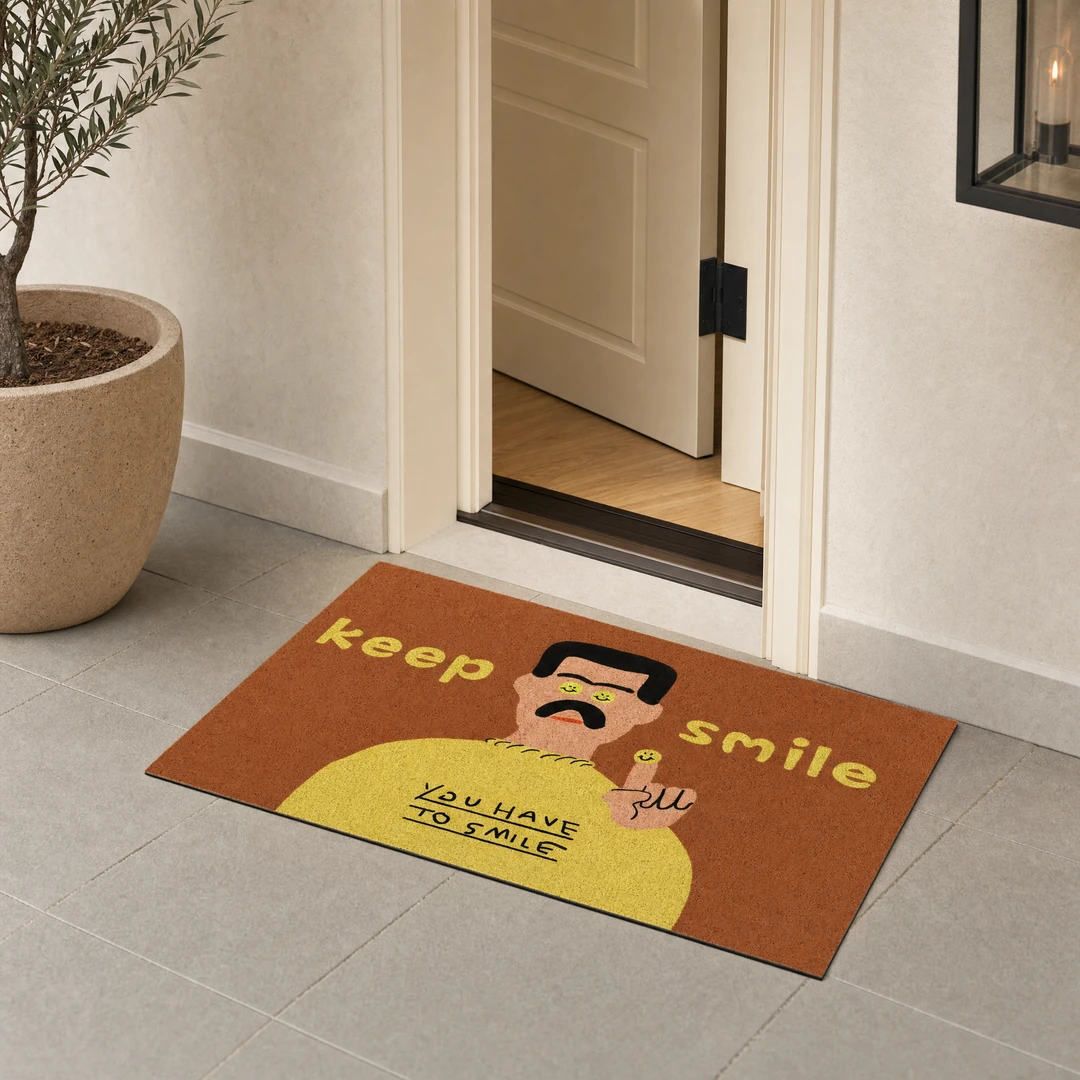 Smiley Face Non-Slip Doormat at a covered exterior doorstep