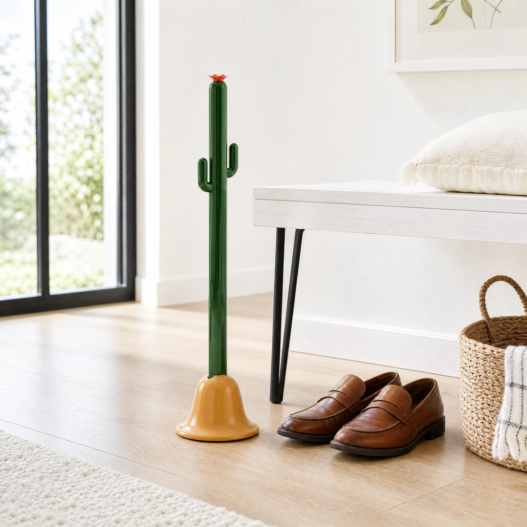 Cactus Shoe Horn beside entryway bench with loafers