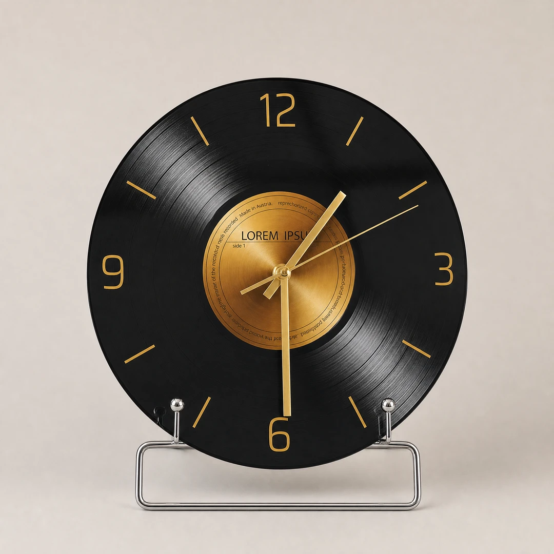 Tempered glass vinyl record clock front view on chrome easel stand