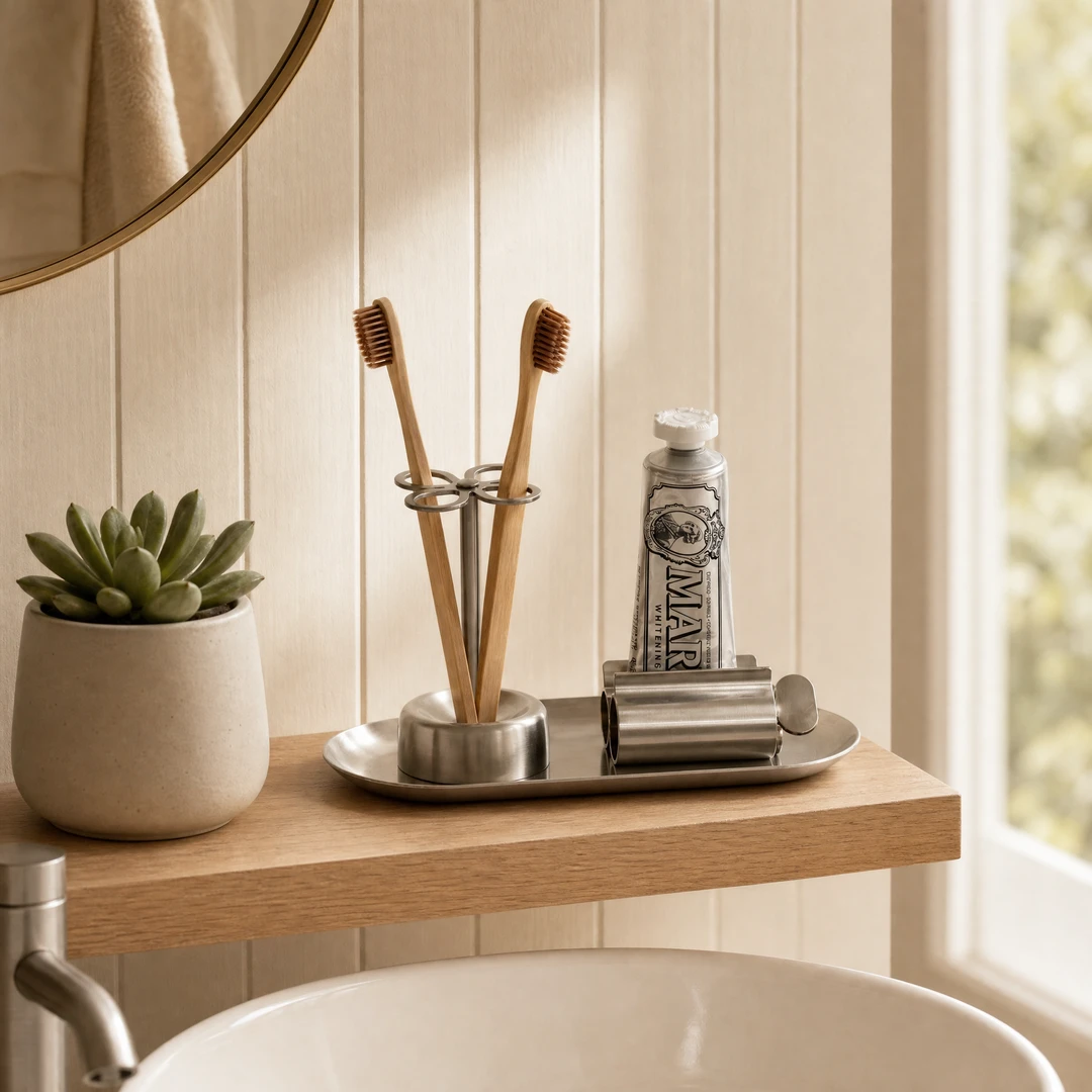 Stainless Steel Toothbrush Holder Set - Oak Shelf Scene