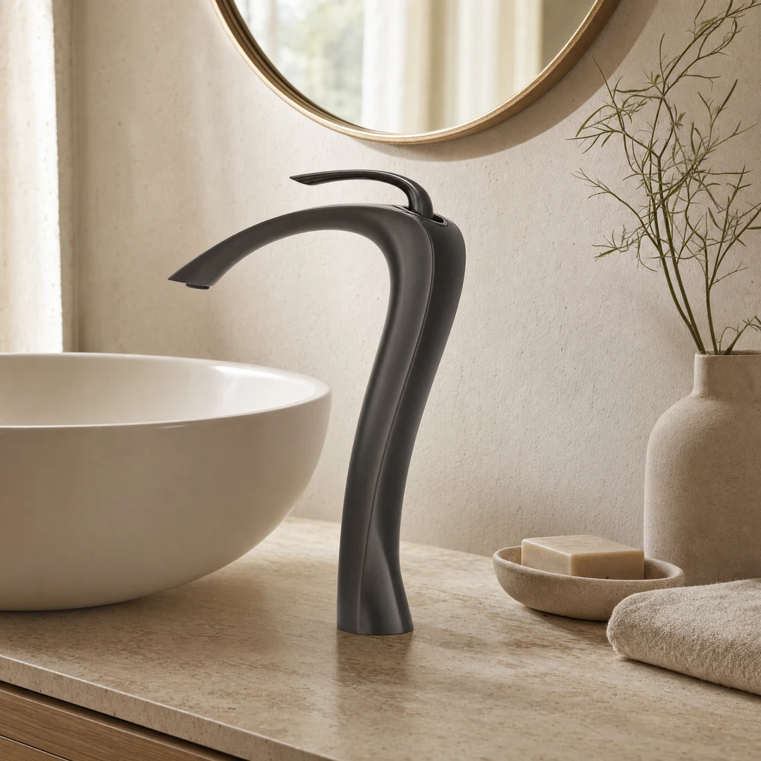 Brass Basin Faucet - Warm bathroom scene with vessel basin