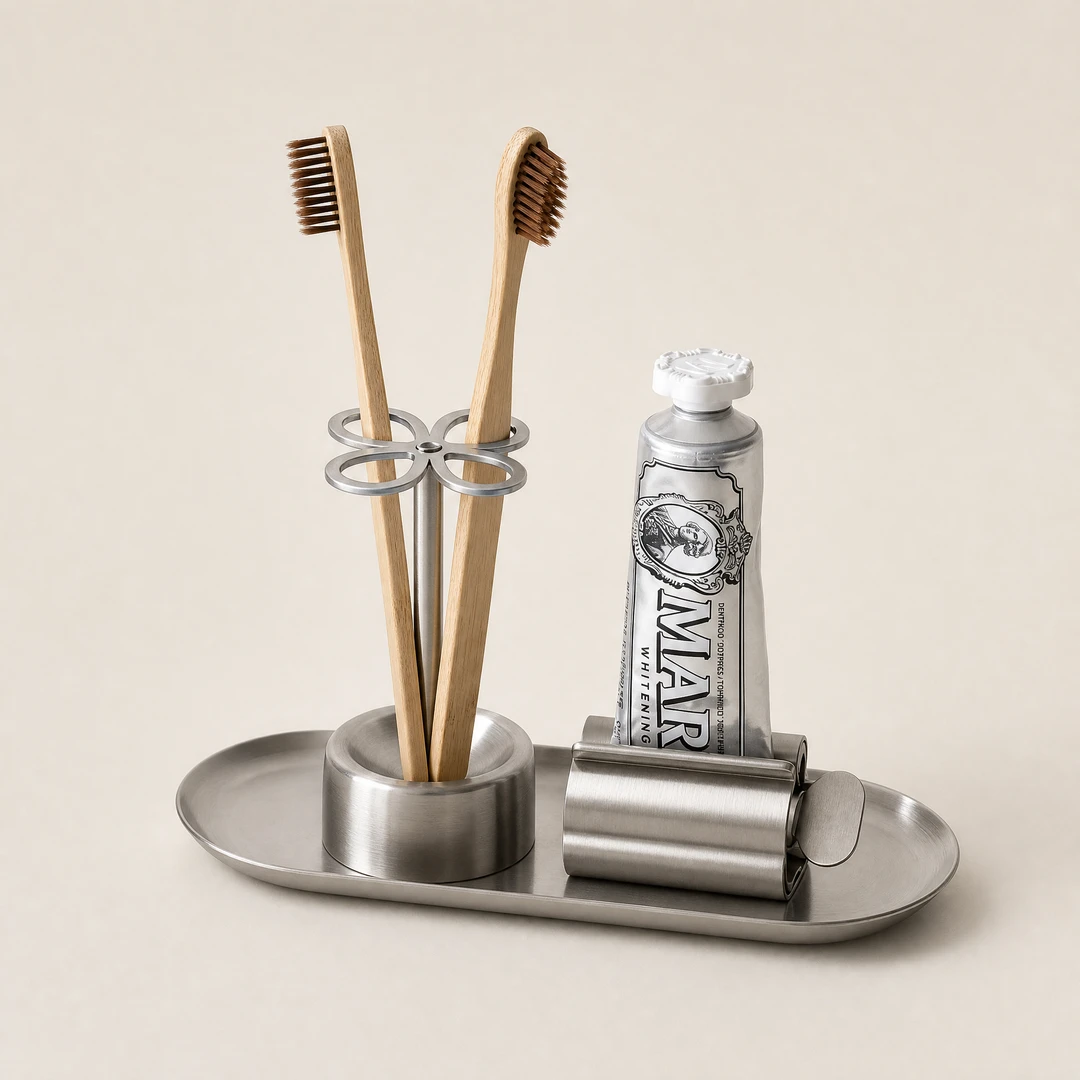 Stainless Steel Toothbrush Holder Set - Full Set Front View