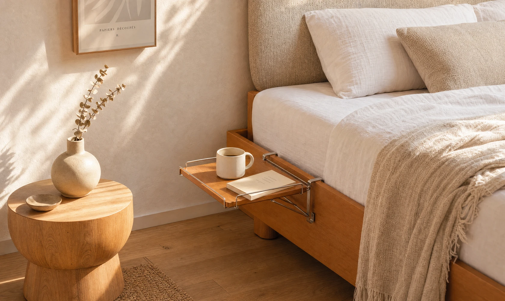 A minimalist bedside surface that replaces a full nightstand without claiming floor space