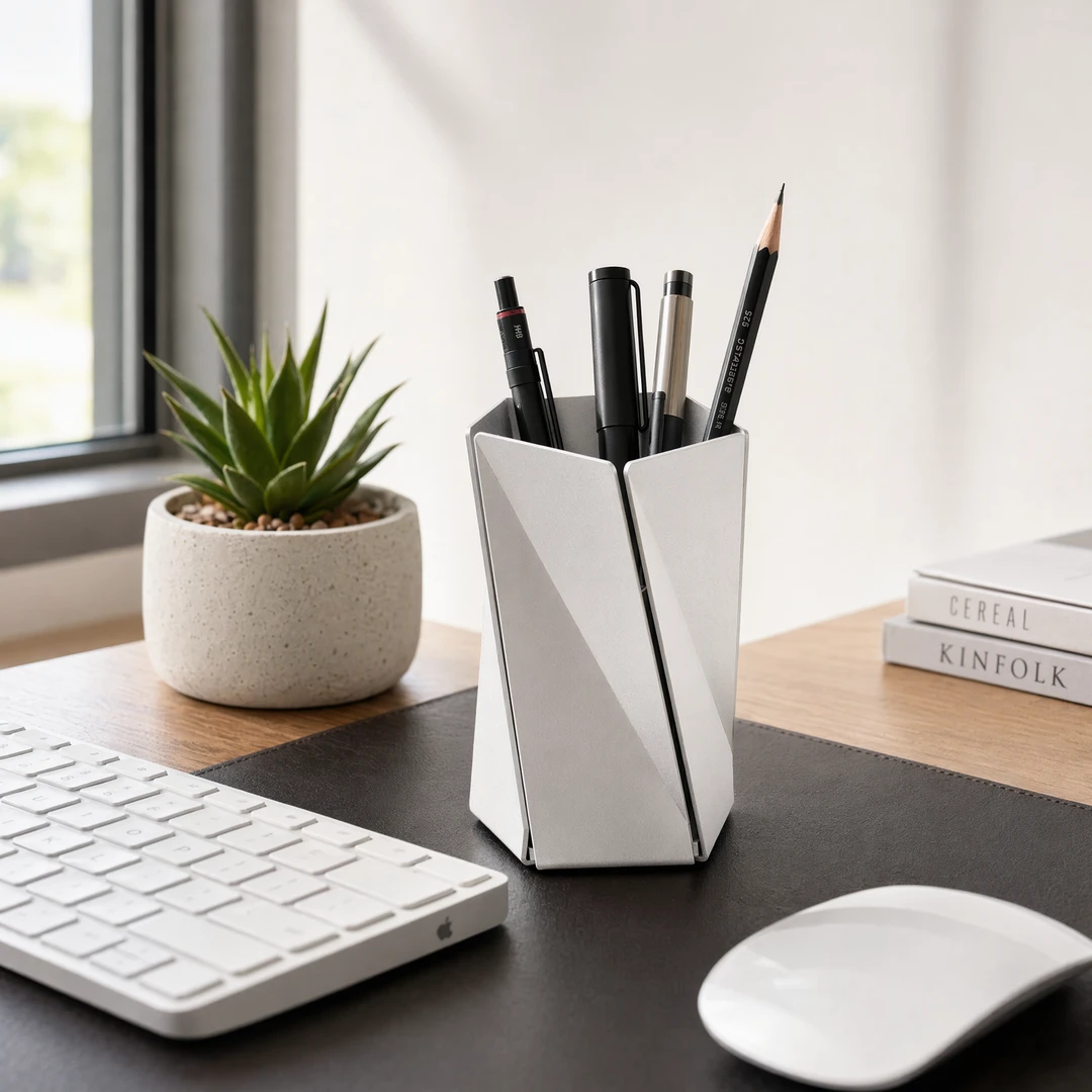 Aluminum Pentagon Pen Holder - Modern Home Office Desk Scene