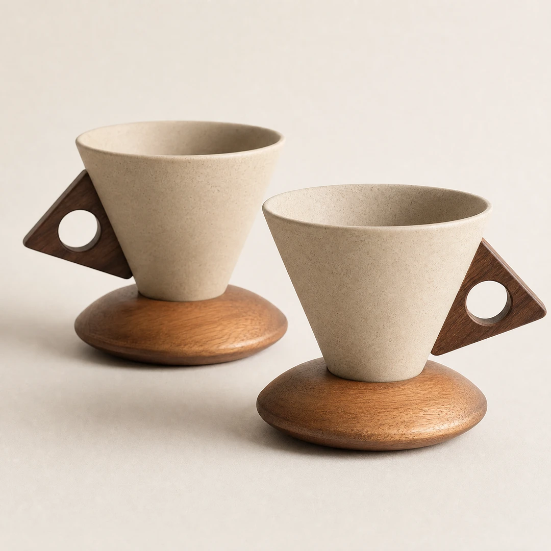 Cone Coffee Cups with Wood Base - Set of 2 View