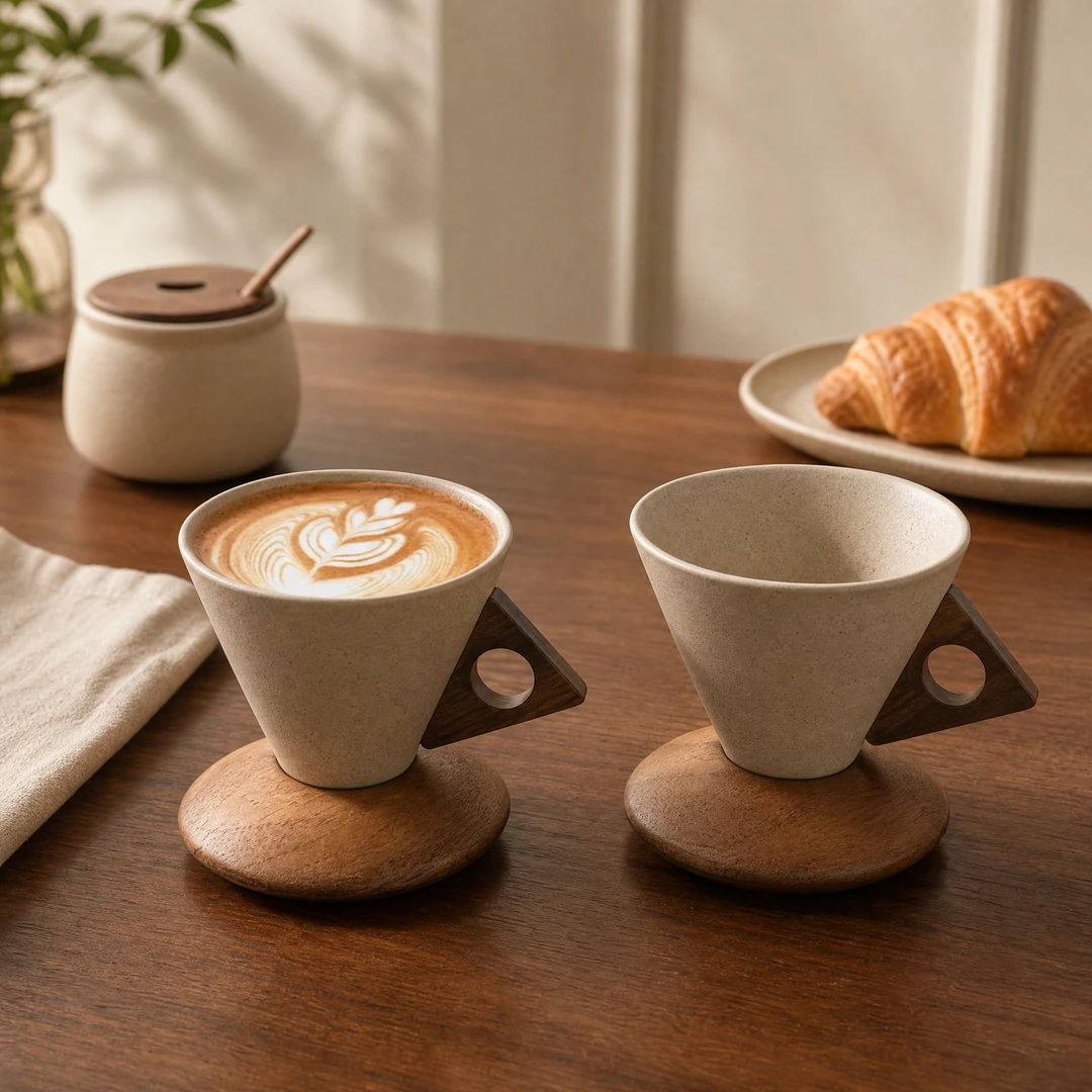 Cone Coffee Cups with Wood Base - Dining Table Morning Scene