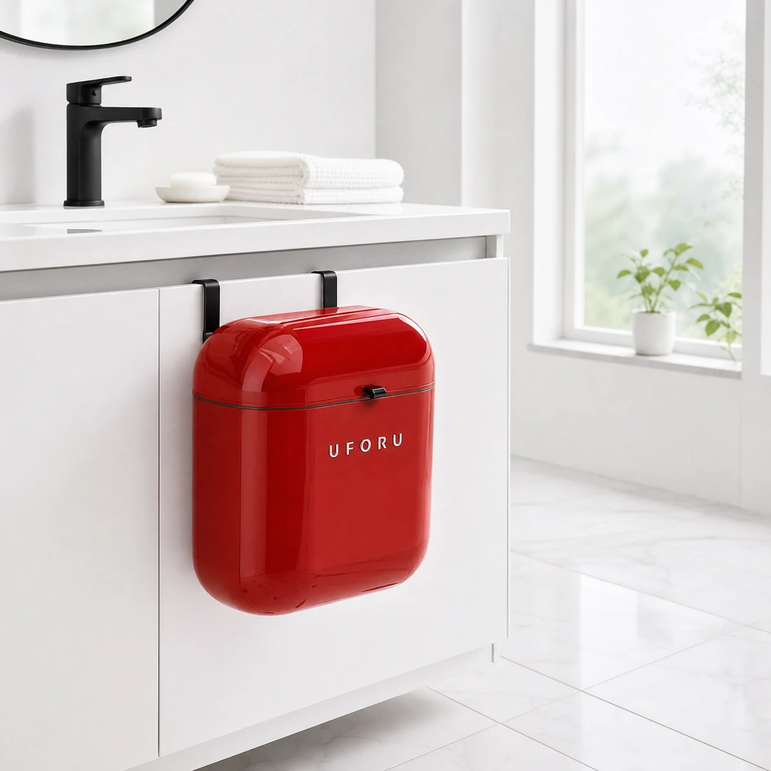 Retro Hanging Trash Can - Red in Bathroom