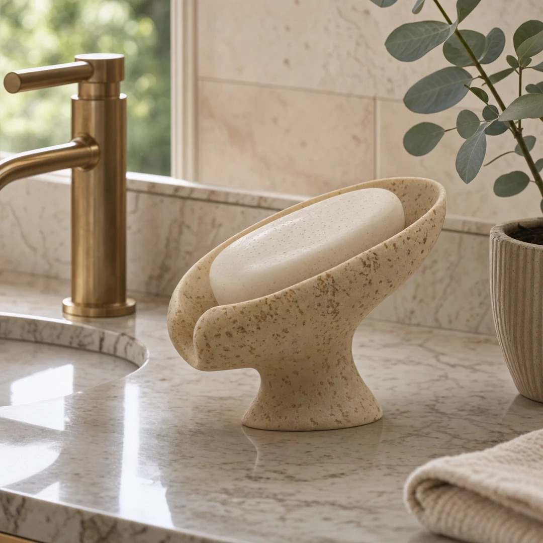 Travertine Lotus Soap Dish - Marble countertop scene