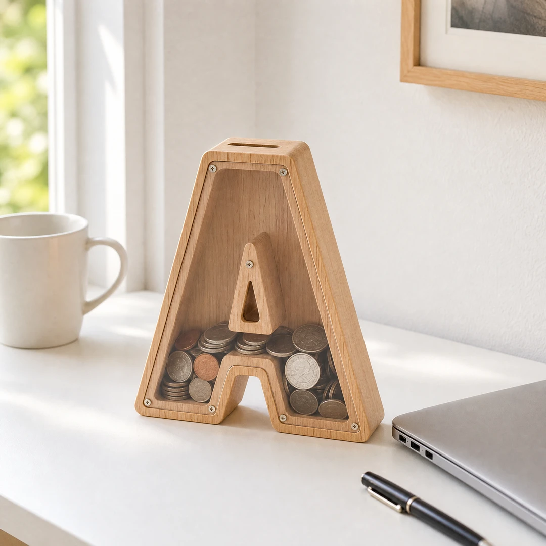 Wooden Letter Shaped Piggy Bank - Study Scene